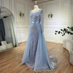 Vestido de noche árabe azul con escote corazón, corte sirena y sobrefalda con cuentas - Vestidos de lujo para bodas 2025 LA72548 