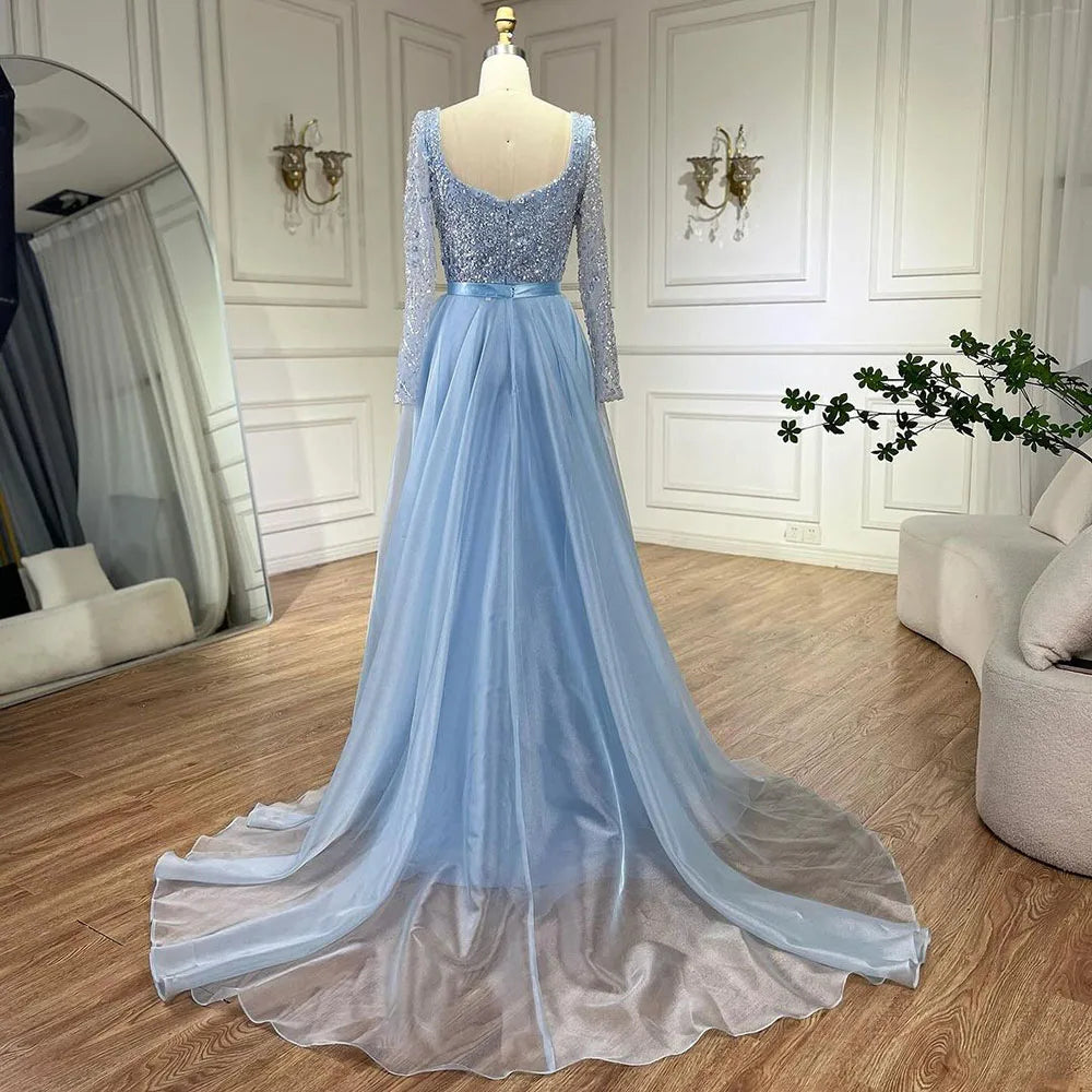 Vestido de noche árabe azul con escote corazón, corte sirena y sobrefalda con cuentas - Vestidos de lujo para bodas 2025 LA72548 