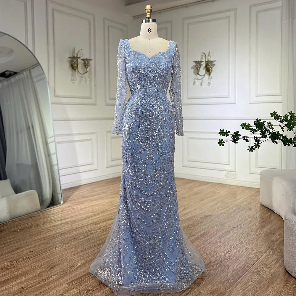 Vestido de noche árabe azul con escote corazón, corte sirena y sobrefalda con cuentas - Vestidos de lujo para bodas 2025 LA72548 