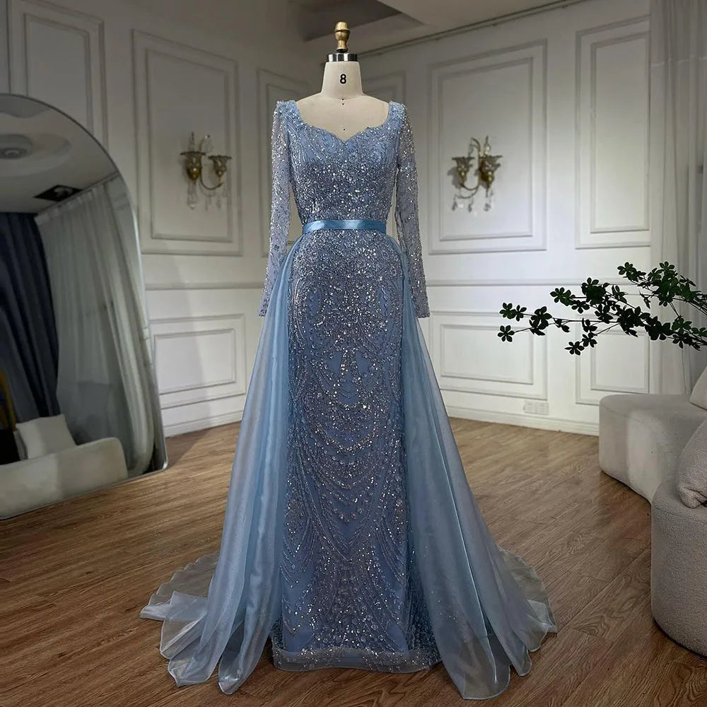 Vestido de noche árabe azul con escote corazón, corte sirena y sobrefalda con cuentas - Vestidos de lujo para bodas 2025 LA72548 