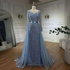 Vestido de noche árabe azul con escote corazón, corte sirena y sobrefalda con cuentas - Vestidos de lujo para bodas 2025 LA72548 