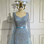 Vestido de noche árabe azul con escote corazón, corte sirena y sobrefalda con cuentas - Vestidos de lujo para bodas 2025 LA72548 