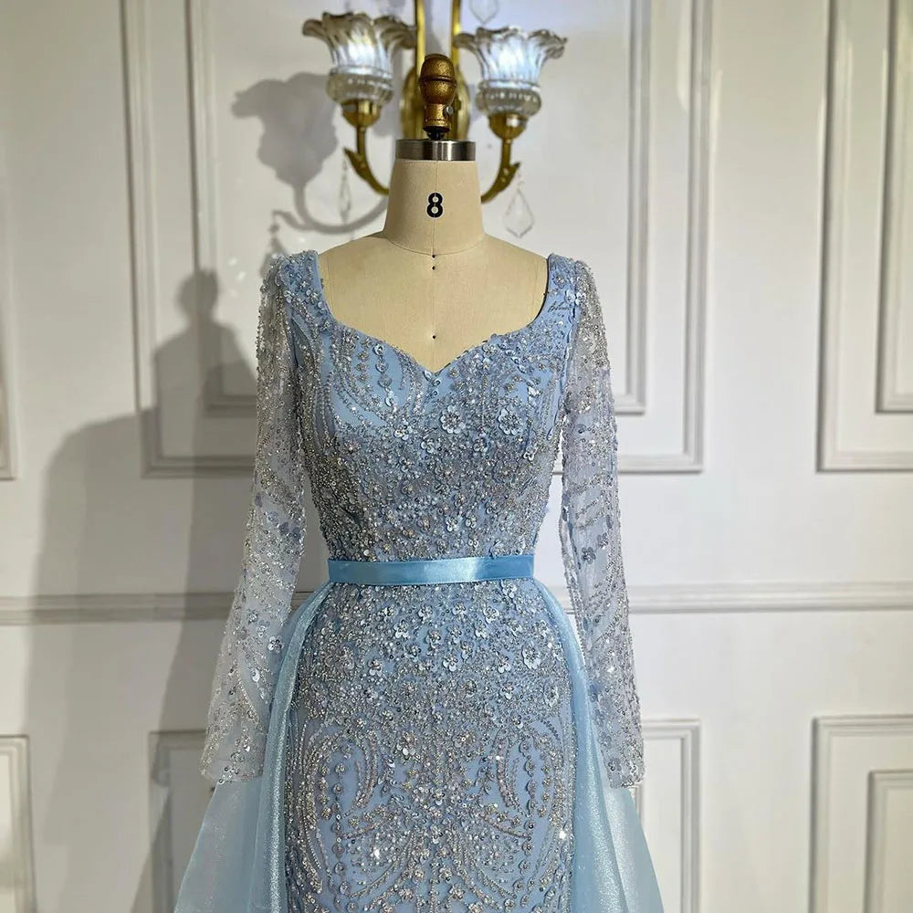 Vestido de noche árabe azul con escote corazón, corte sirena y sobrefalda con cuentas - Vestidos de lujo para bodas 2025 LA72548 