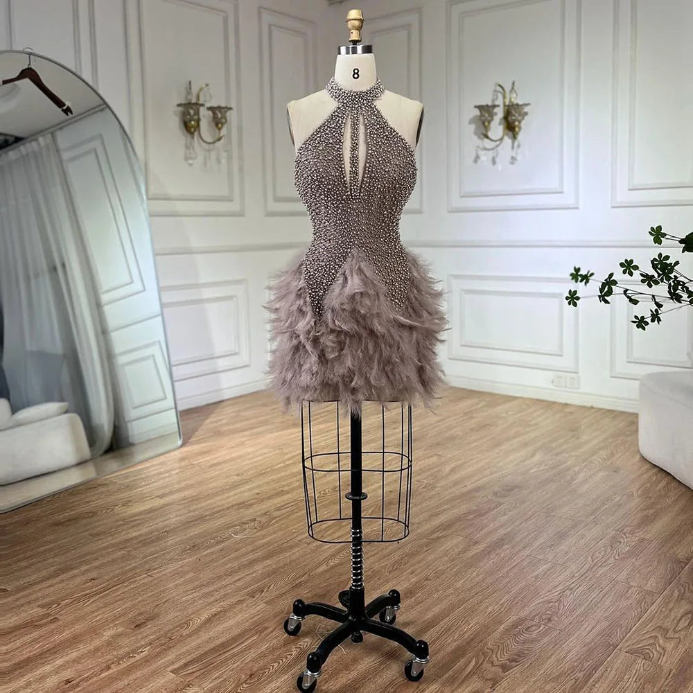 Robe de cocktail sirène élégante et courte, style arabe, marron, avec perles et plumes, style soirée, LA72549, 2025 