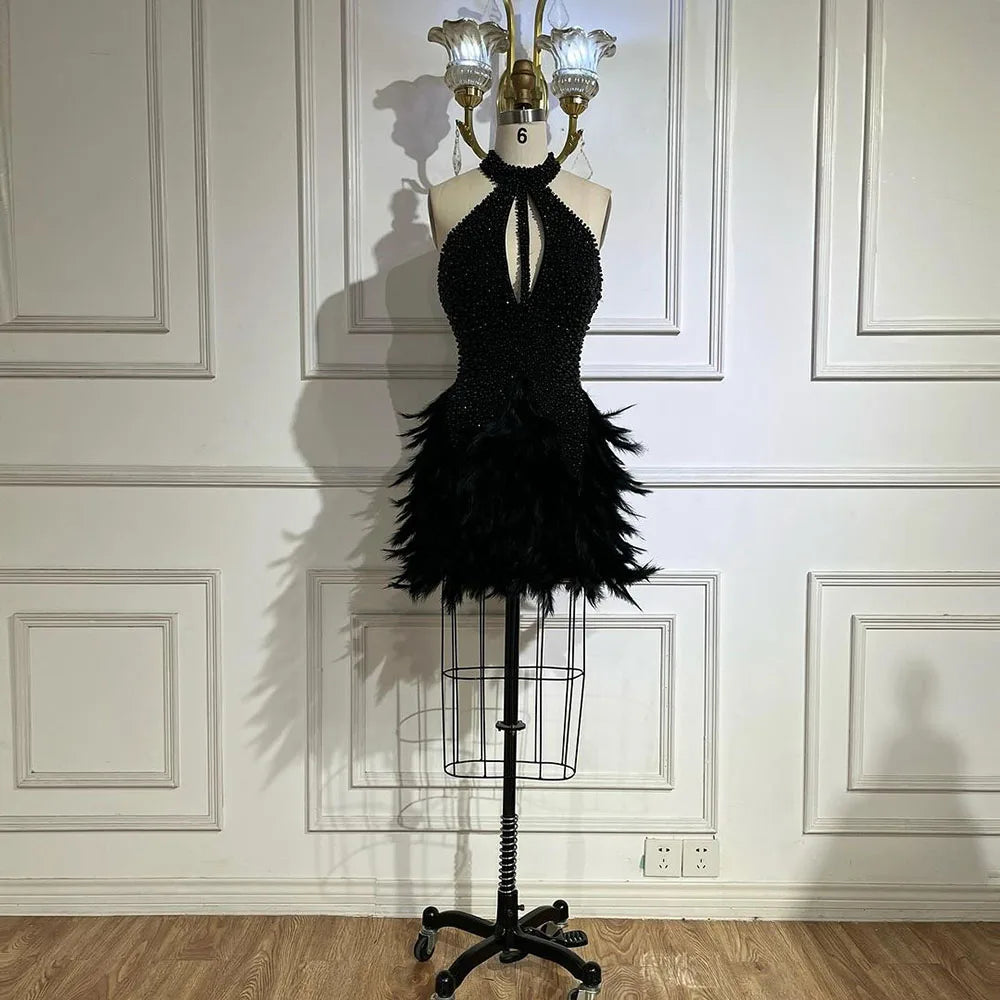 Robe de cocktail sirène élégante et courte, style arabe, marron, avec perles et plumes, style soirée, LA72549, 2025 