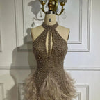Robe de cocktail sirène élégante et courte, style arabe, marron, avec perles et plumes, style soirée, LA72549, 2025 