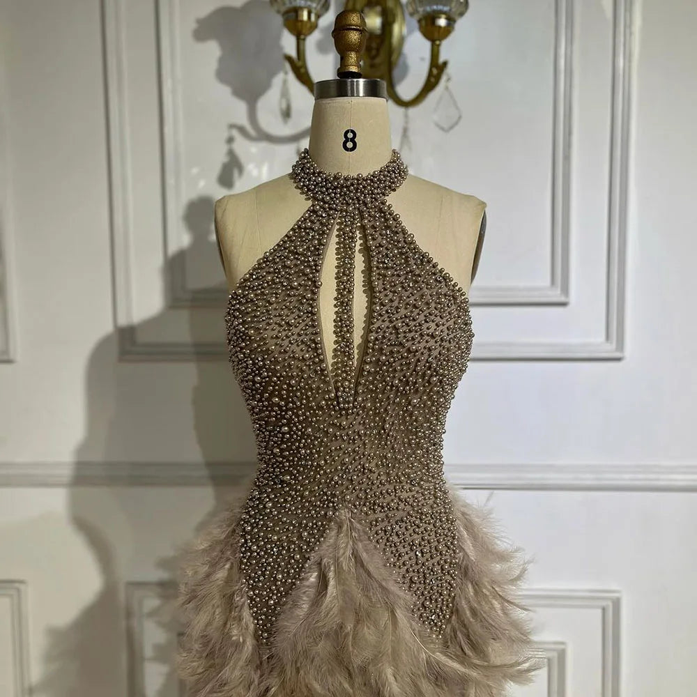 Vestidos cortos elegantes color marrón árabe con plumas y cuentas, estilo sirena, para cóctel, colección 2025, para mujer, alta costura de fiesta LA72549 