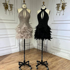 Robe de cocktail sirène élégante et courte, style arabe, marron, avec perles et plumes, style soirée, LA72549, 2025 