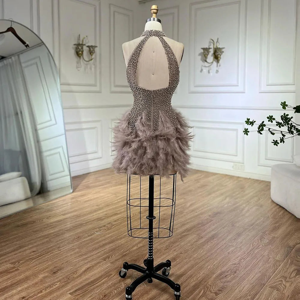 Robe de cocktail sirène élégante et courte, style arabe, marron, avec perles et plumes, style soirée, LA72549, 2025 