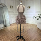 Robe de cocktail sirène élégante et courte, style arabe, marron, avec perles et plumes, style soirée, LA72549, 2025 