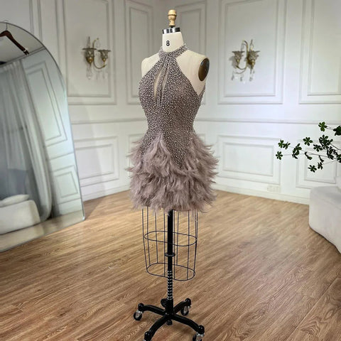 Arabic Brown Elegant Short Dresses Beaded Feathers Mermaid Cocktail Gowns 2025 For Women Party Couture LA72549