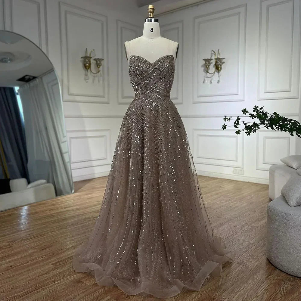 Vestidos de noche de lujo de Dubái, corte A, sin tirantes, con cuentas, color caramelo árabe, para mujer, ideales para bodas y fiestas 2025 (LA72563) 