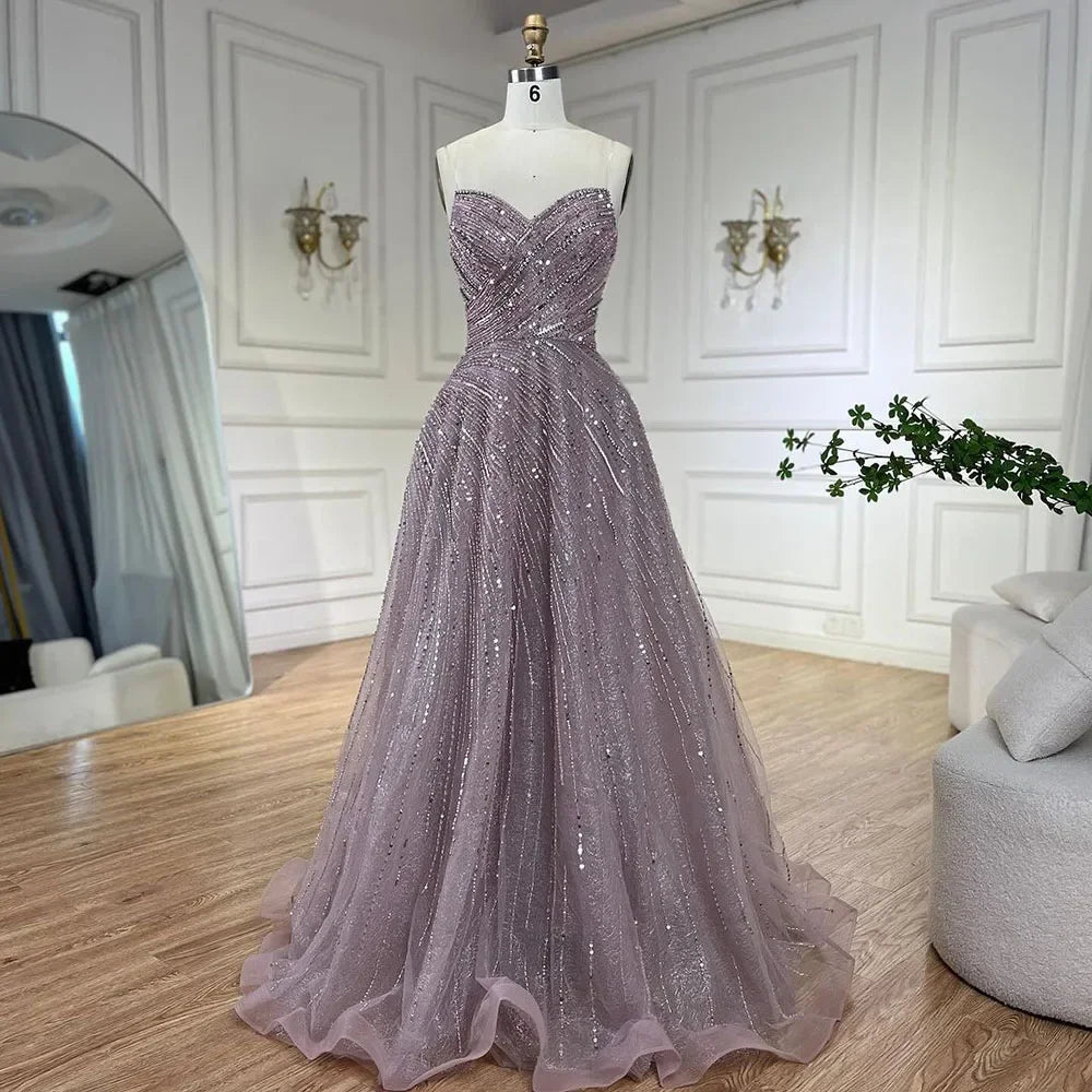 Vestidos de noche de lujo de Dubái, corte A, sin tirantes, con cuentas, color caramelo árabe, para mujer, ideales para bodas y fiestas 2025 (LA72563) 