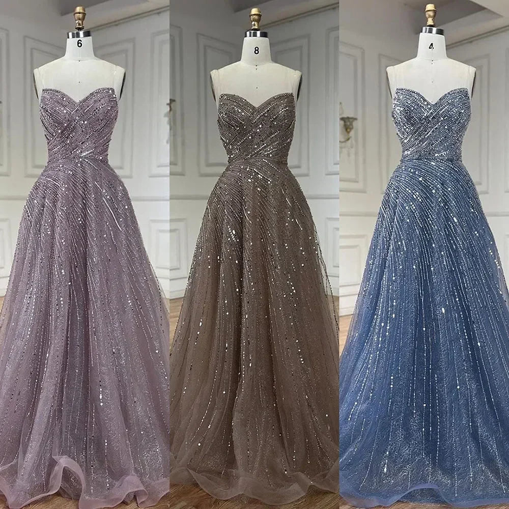 Vestidos de noche de lujo de Dubái, corte A, sin tirantes, con cuentas, color caramelo árabe, para mujer, ideales para bodas y fiestas 2025 (LA72563) 