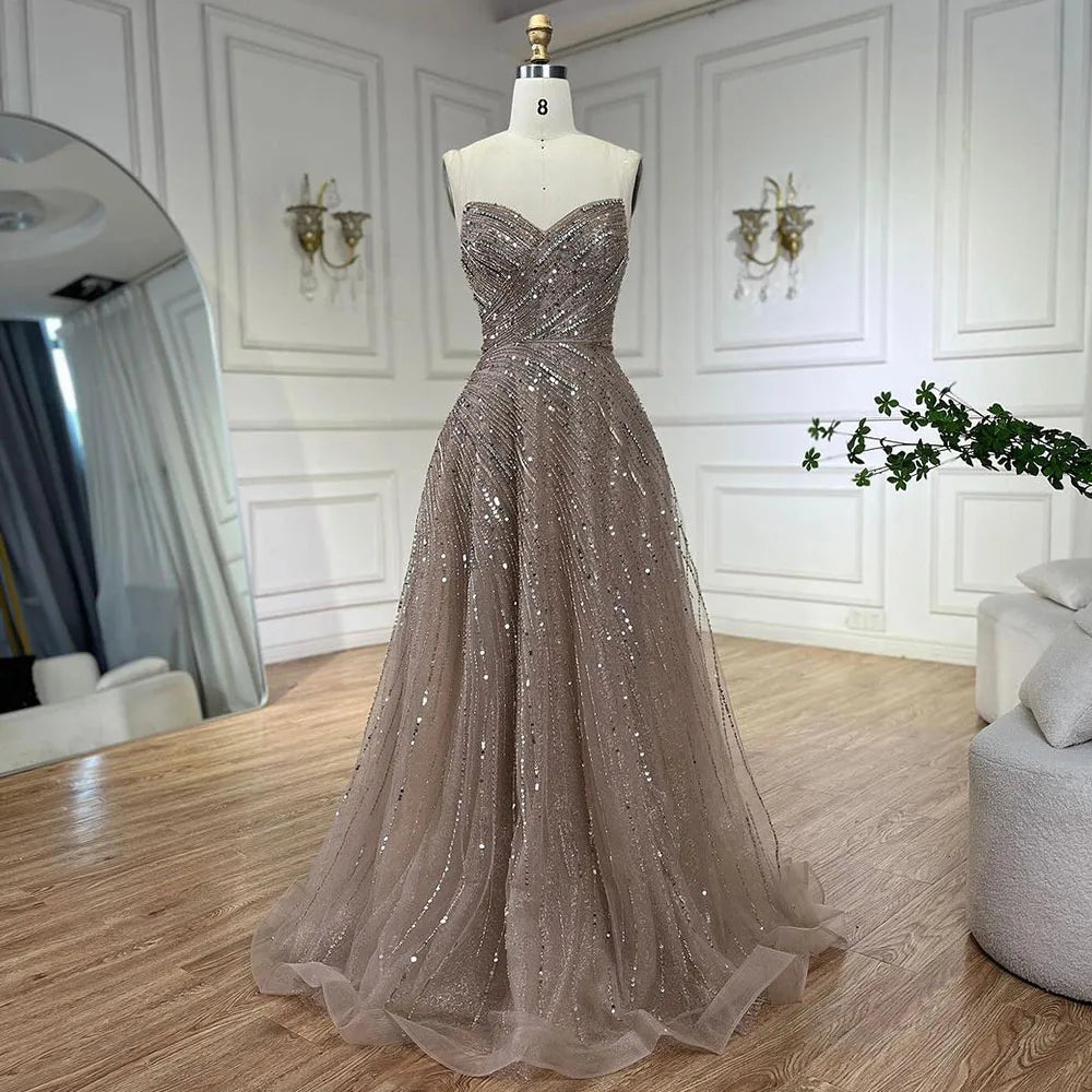 Vestidos de noche de lujo de Dubái, corte A, sin tirantes, con cuentas, color caramelo árabe, para mujer, ideales para bodas y fiestas 2025 (LA72563) 