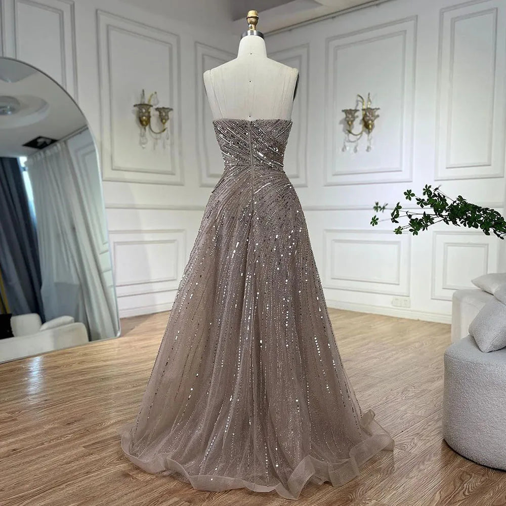 Vestidos de noche de lujo de Dubái, corte A, sin tirantes, con cuentas, color caramelo árabe, para mujer, ideales para bodas y fiestas 2025 (LA72563) 