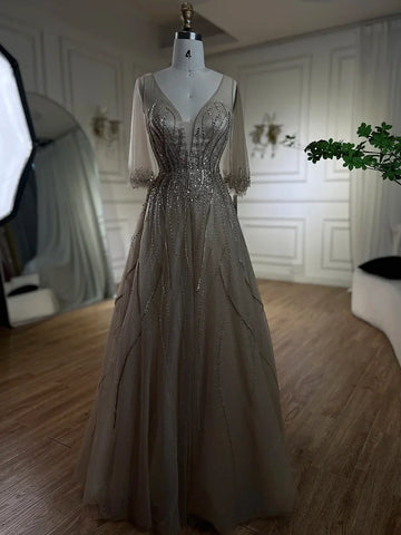 Arabic Caramel A Line Dubai Evening Dresses Gowns 2025 Beaded Luxury For Women Wedding Party LA72252