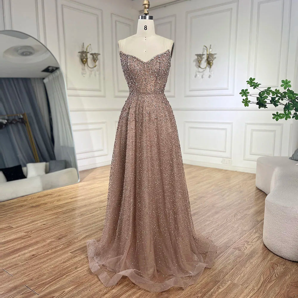 Vestido largo de noche elegante, corte A, sin tirantes, con cuentas, color caramelo árabe, para mujer - Bodas y fiestas 2025 LA72147 