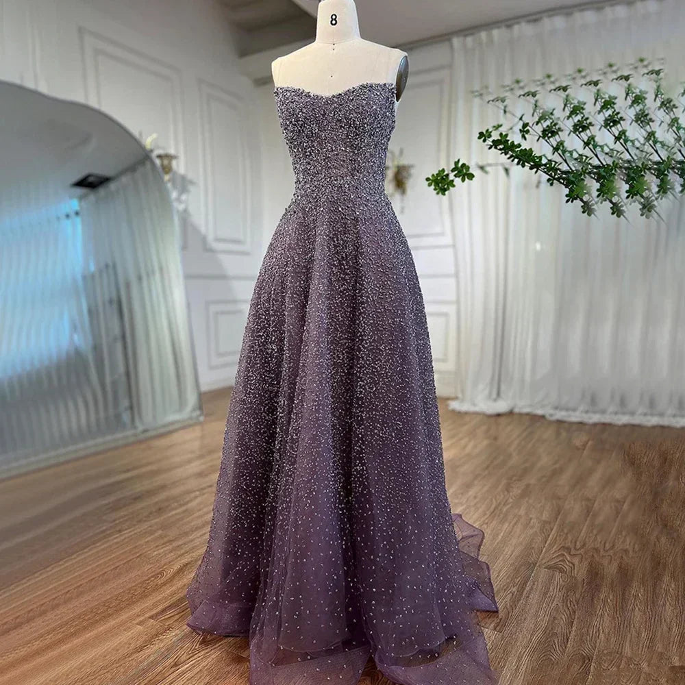 Vestido largo de noche elegante, corte A, sin tirantes, con cuentas, color caramelo árabe, para mujer - Bodas y fiestas 2025 LA72147 