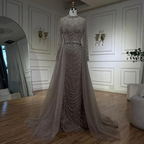 Arabic Caramel Beaded Overskirt Dubai Mermaid Evening Gown Luxury Dresses for Woman's Wedding Party LA72362A