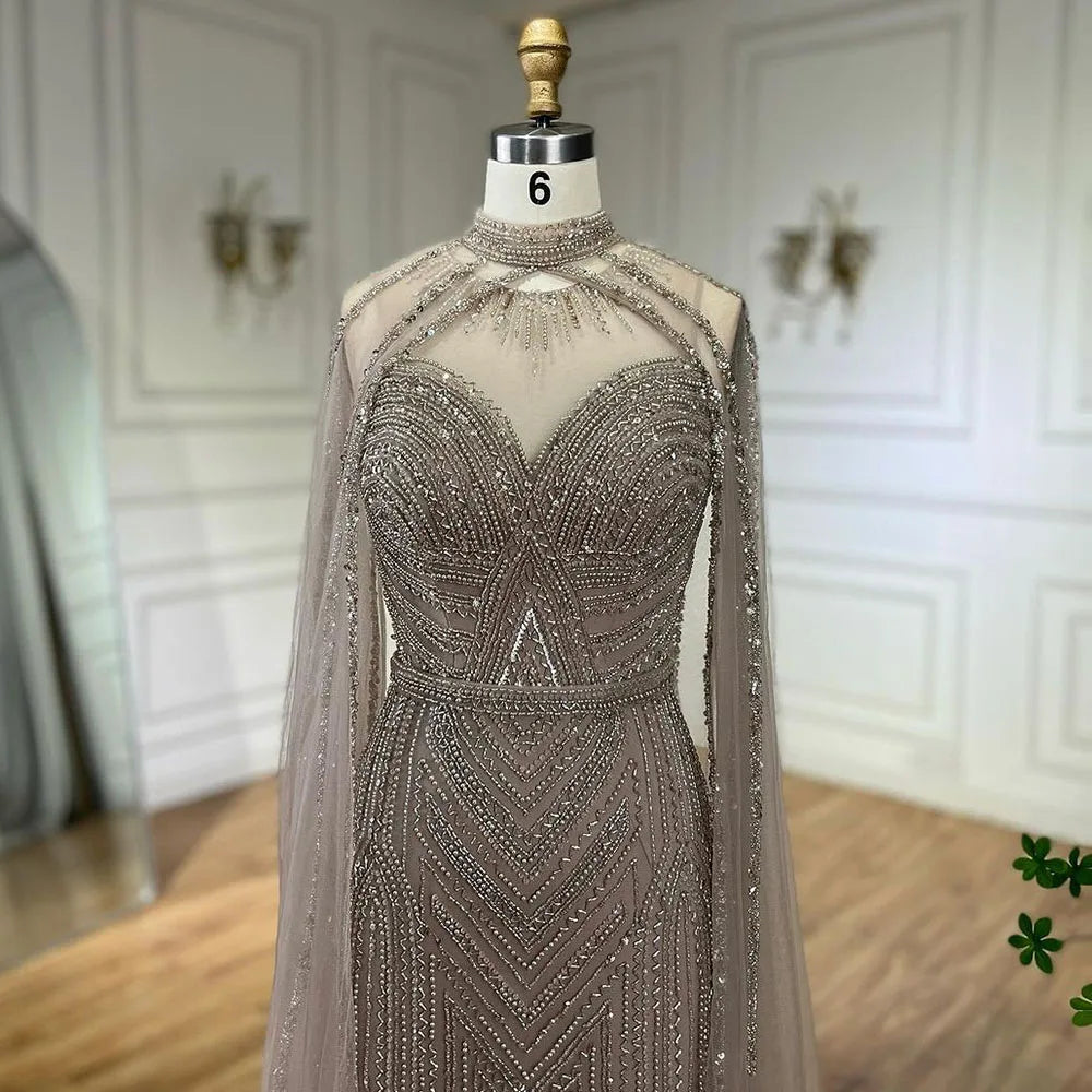 Luxury Nude Mermaid Evening Dress with Cape Sleeve LA72233A