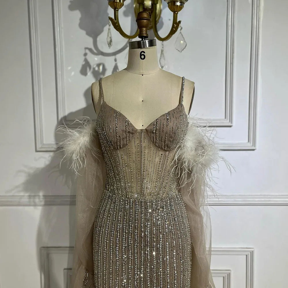 Vestidos de noche largos estilo sirena, elegantes, color caramelo árabe, con plumas y cuentas, ideales para bodas y fiestas. LA72551 