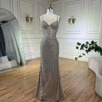 Vestidos de noche largos estilo sirena, elegantes, color caramelo árabe, con plumas y cuentas, ideales para bodas y fiestas. LA72551 
