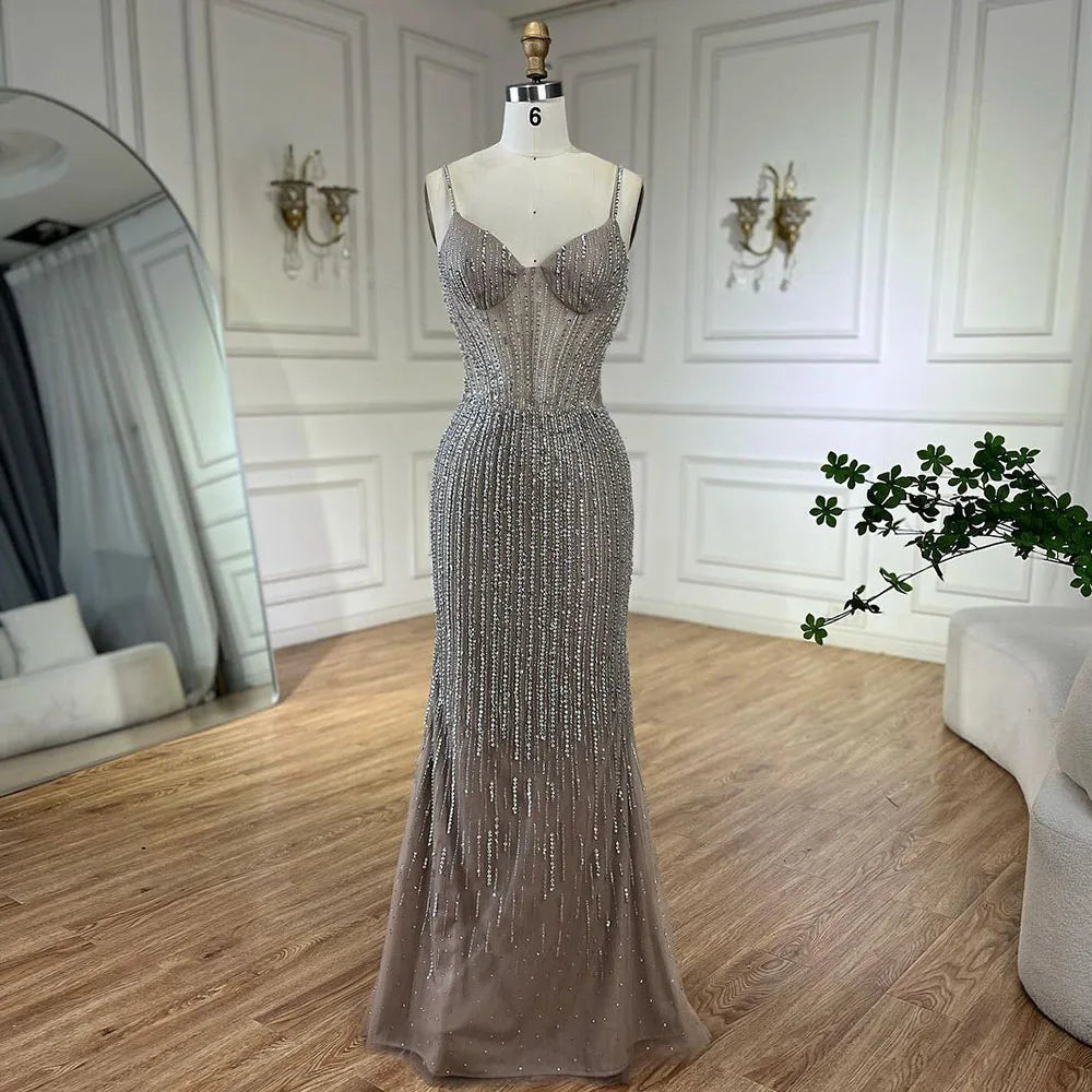 Vestidos de noche largos estilo sirena, elegantes, color caramelo árabe, con plumas y cuentas, ideales para bodas y fiestas. LA72551 