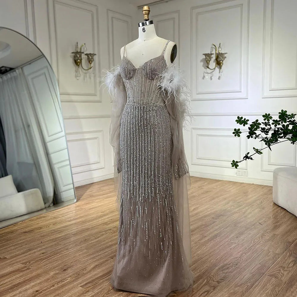 Vestidos de noche largos estilo sirena, elegantes, color caramelo árabe, con plumas y cuentas, ideales para bodas y fiestas. LA72551 