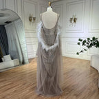 Vestidos de noche largos estilo sirena, elegantes, color caramelo árabe, con plumas y cuentas, ideales para bodas y fiestas. LA72551 