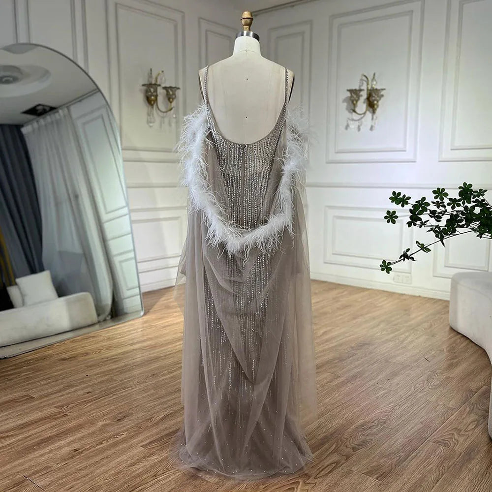 Vestidos de noche largos estilo sirena, elegantes, color caramelo árabe, con plumas y cuentas, ideales para bodas y fiestas. LA72551 