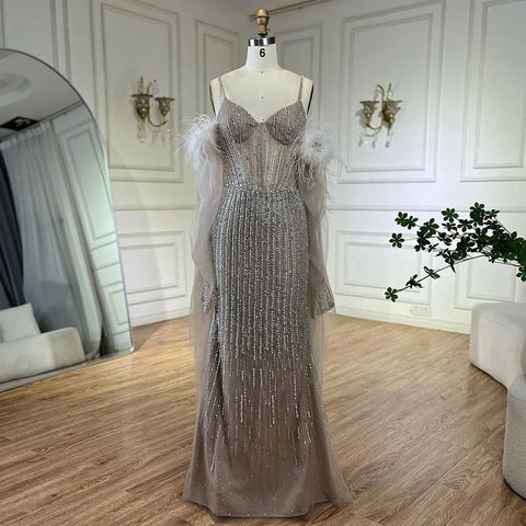 Arabic Caramel Elegant Mermaid Beaded Feathers Long Cloak Evening Dresses Gowns For Women Wedding Party LA72551