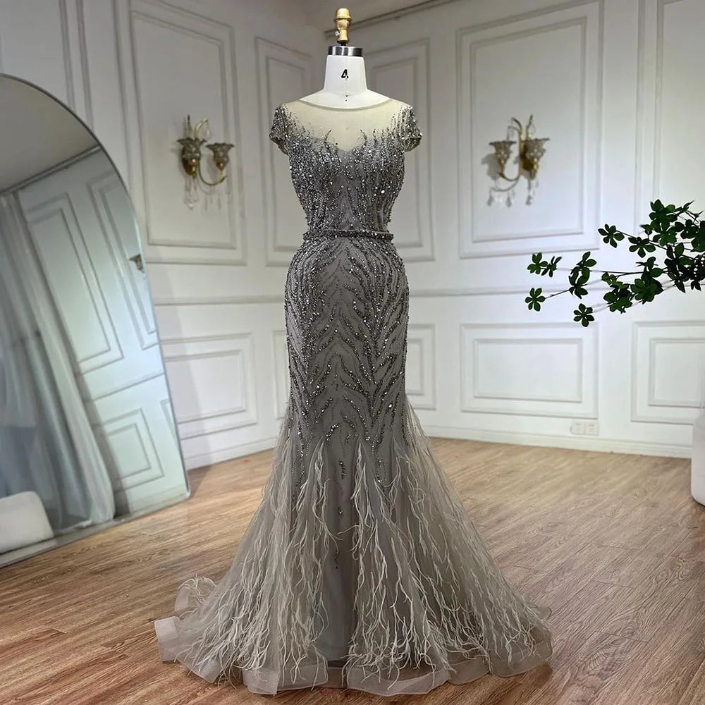 Vestidos de noche estilo sirena color caramelo árabe con plumas y cuentas, vestidos de noche para mujer, ideales para bodas y fiestas 2025 LA72519 