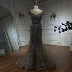 Robe de soirée sirène arabe caramel, perles et plumes, pour femme, tenue de mariage, 2025, LA72519 