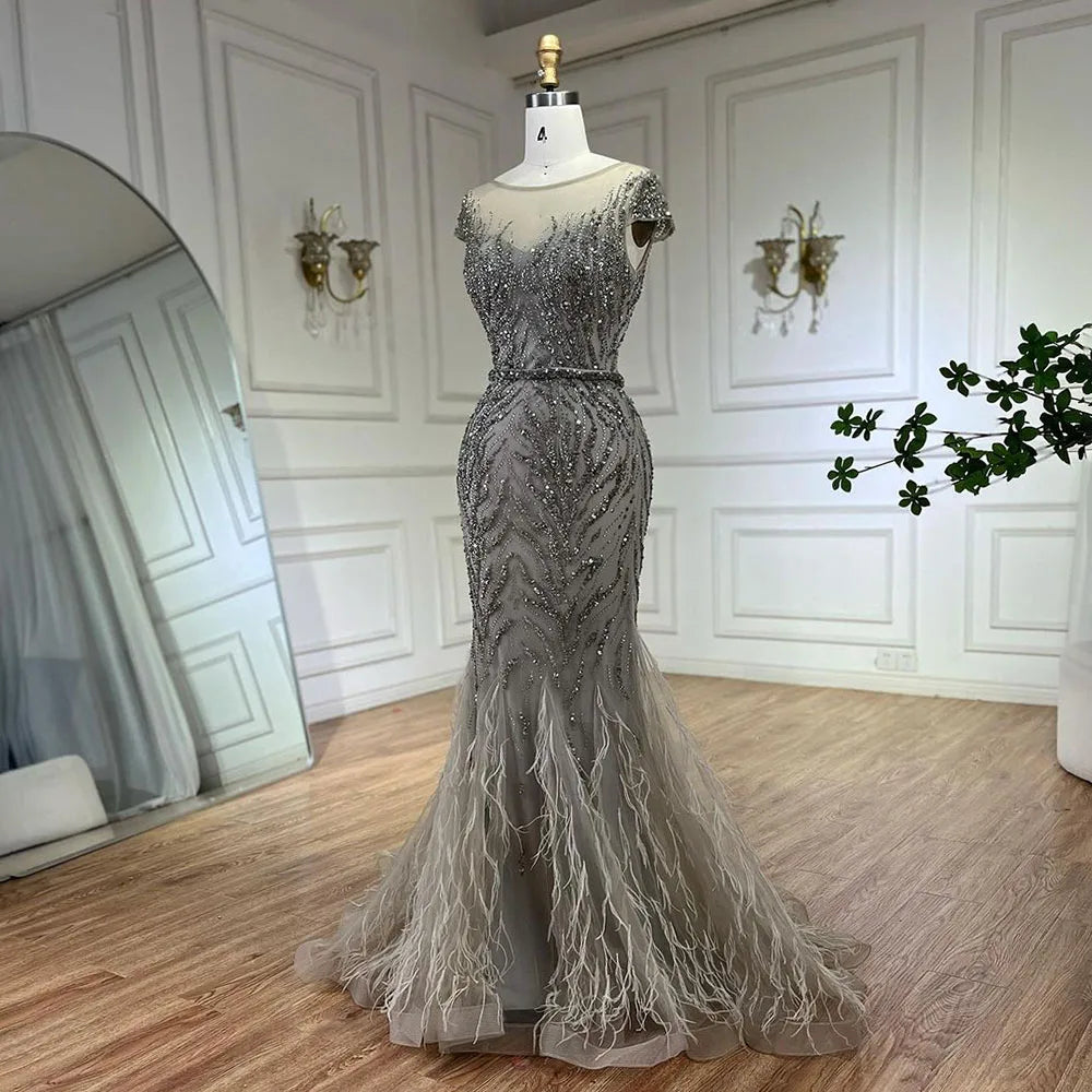 Vestidos de noche estilo sirena color caramelo árabe con plumas y cuentas, vestidos de noche para mujer, ideales para bodas y fiestas 2025 LA72519 