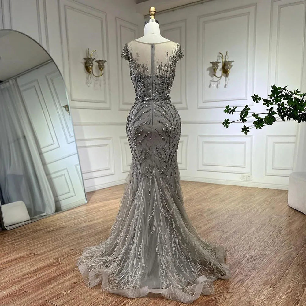 Vestidos de noche estilo sirena color caramelo árabe con plumas y cuentas, vestidos de noche para mujer, ideales para bodas y fiestas 2025 LA72519 