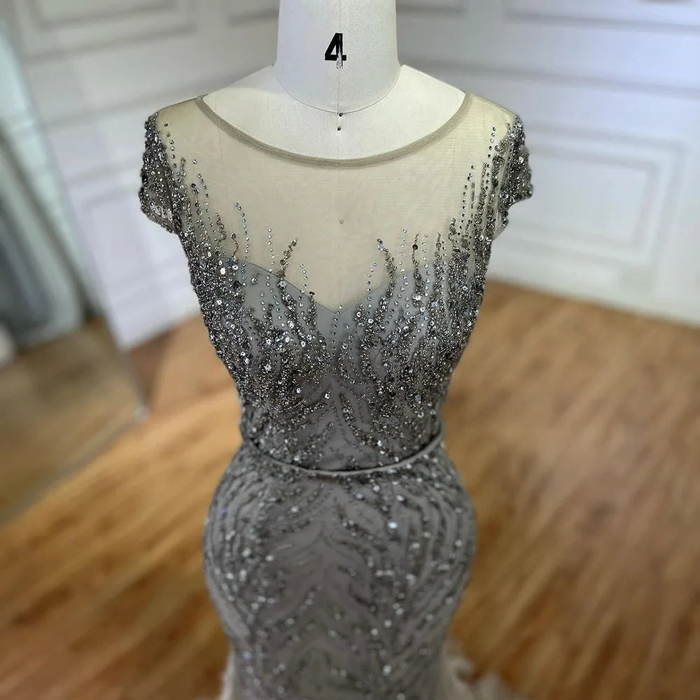 Vestidos de noche estilo sirena color caramelo árabe con plumas y cuentas, vestidos de noche para mujer, ideales para bodas y fiestas 2025 LA72519 