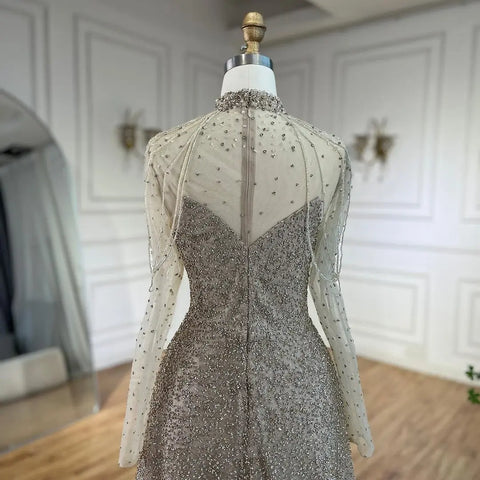 Vestidos de noche árabes de sirena color nude con cuentas y borlas, vestidos de lujo para bodas y fiestas de mujeres 2025 LA72570 