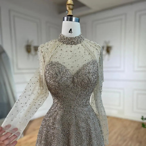 Vestidos de noche árabes de sirena color nude con cuentas y borlas, vestidos de lujo para bodas y fiestas de mujeres 2025 LA72570 
