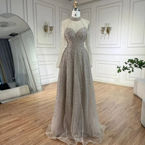 Vestidos de noche árabes de sirena color nude con cuentas y borlas, vestidos de lujo para bodas y fiestas de mujeres 2025 LA72570 