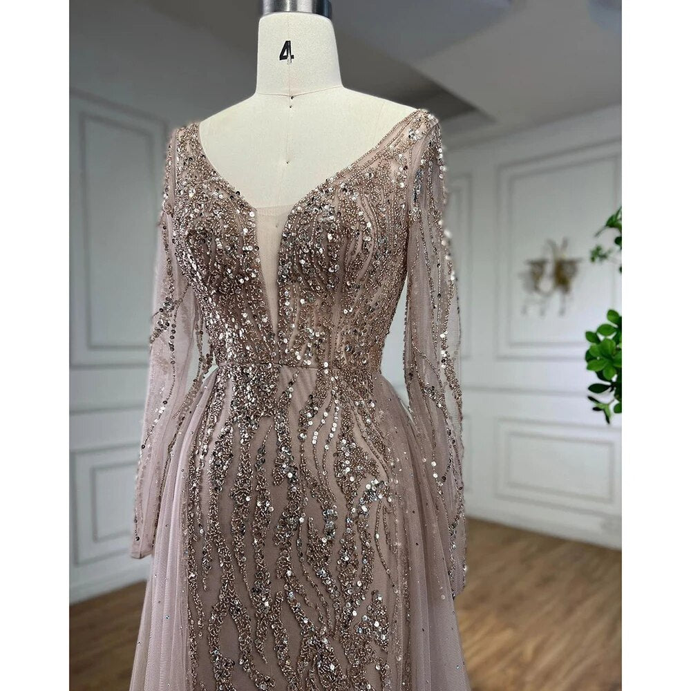 Arabic Caramel Mermaid Elegant With Overskirt Evening Dresses Gowns Beaded Luxury  2025 For Women Party LA71629A