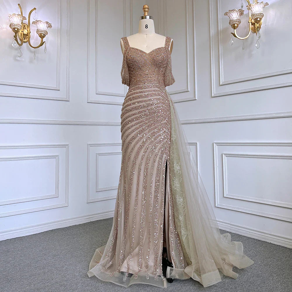 Robe de soirée sirène élégante, couleur caramel, fendue sur le côté, luxueuse, perlée, style arabe, pour femme, modèle LA71679, 2025 