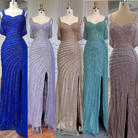 Arabic Caramel Mermaid High Split Elegant Beaded Luxury Evening Dresses Gowns 2025 For Woman Party LA71679