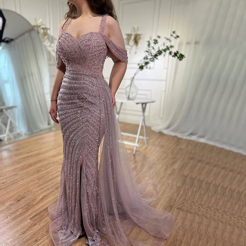 Arabic Caramel Mermaid High Split Elegant Beaded Luxury Evening Dresses Gowns 2025 For Woman Party LA71679