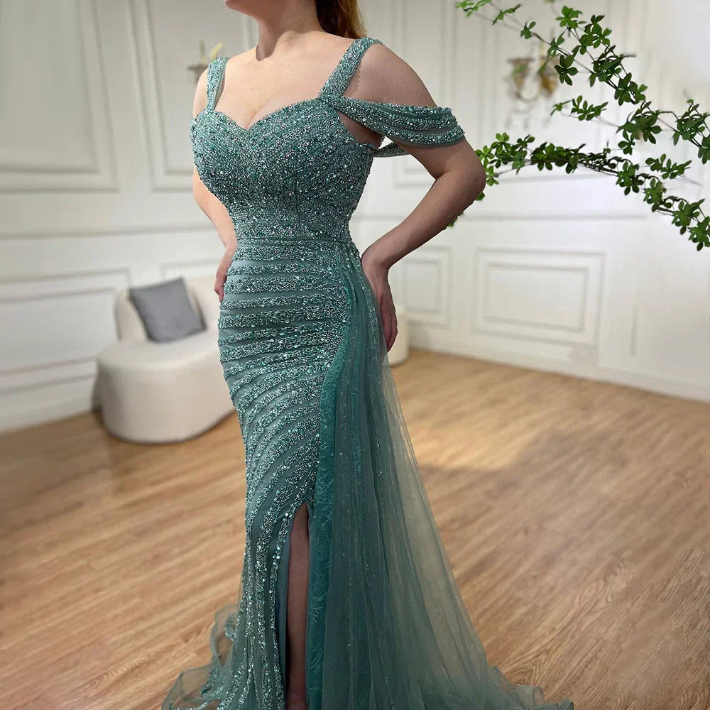 Arabic Caramel Mermaid High Split Elegant Beaded Luxury Evening Dresses Gowns 2025 For Woman Party LA71679