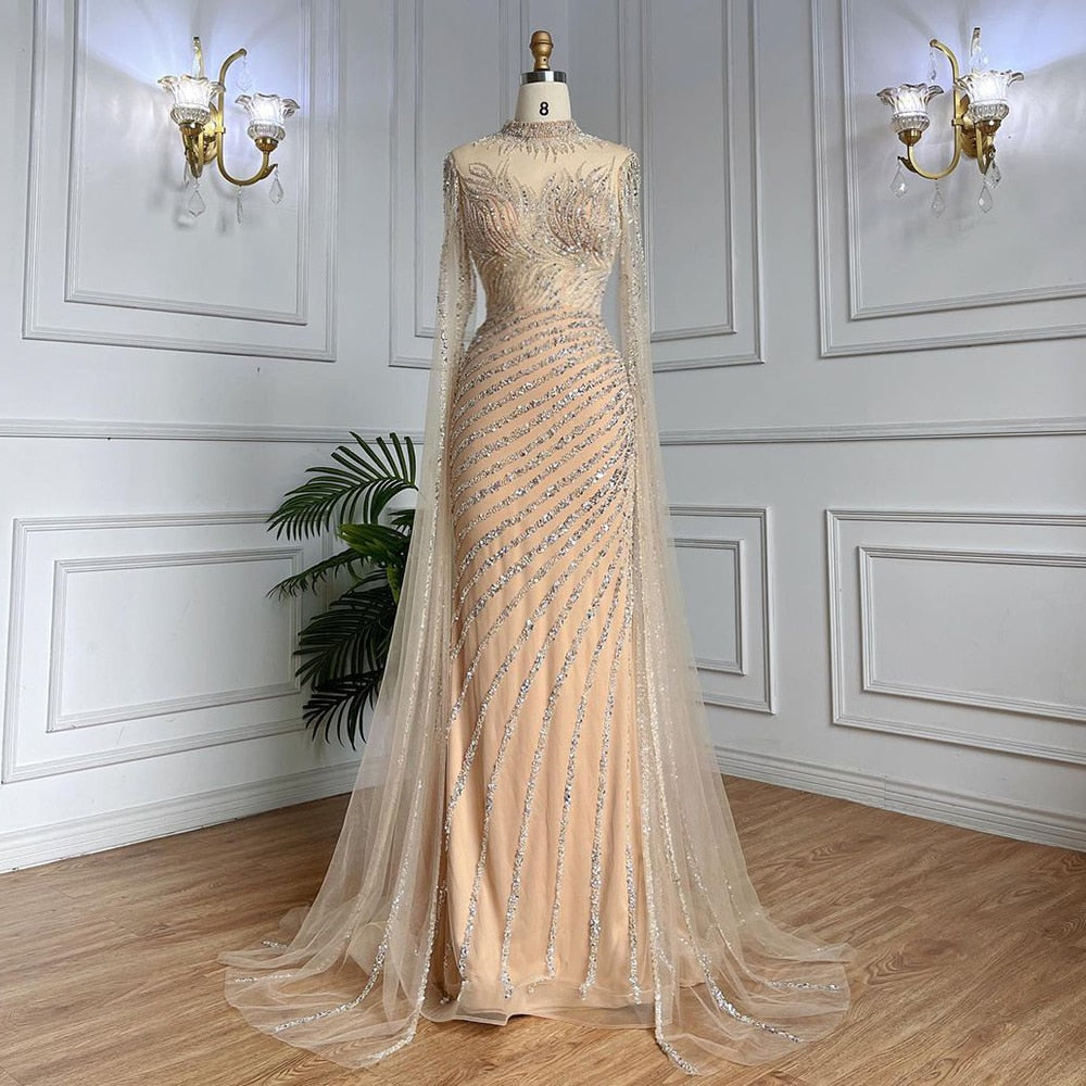 Arabic Caramel Mermaid Sexy Cape Sleeves Lace Beaded Long Evening Dresses Gowns 2025 For Women Wedding Party LA71885
