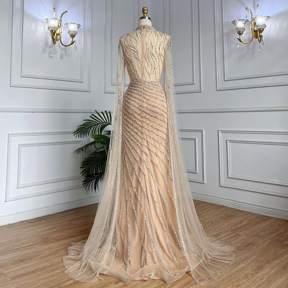Arabic Caramel Mermaid Sexy Cape Sleeves Lace Beaded Long Evening Dresses Gowns 2025 For Women Wedding Party LA71885