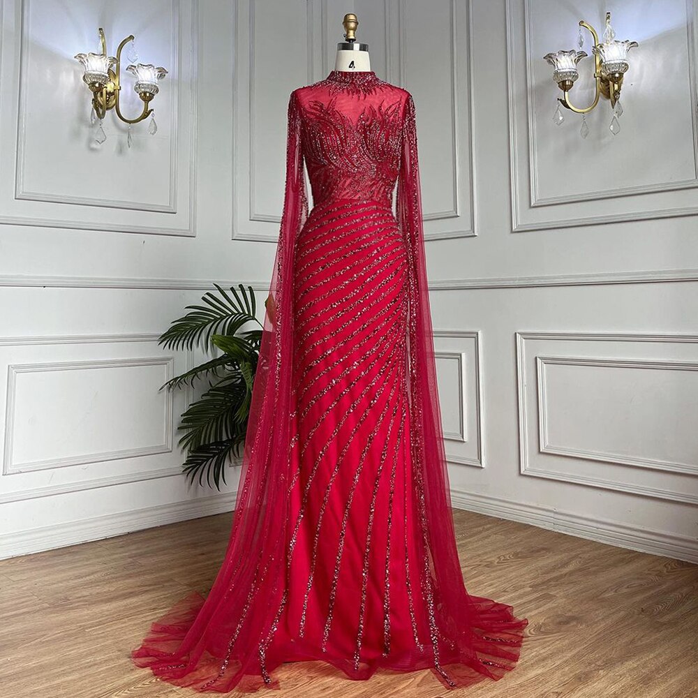 Arabic Caramel Mermaid Sexy Cape Sleeves Lace Beaded Long Evening Dresses Gowns 2025 For Women Wedding Party LA71885