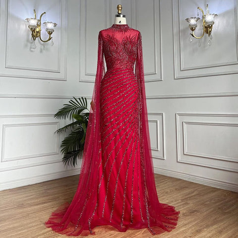 Robe de soirée longue style sirène arabe caramel, manches cape, dentelle et perles, tenue de mariage, LA71885 