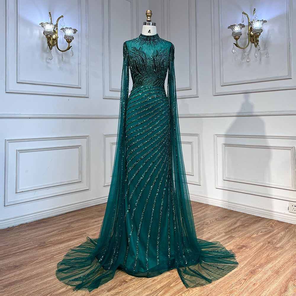 Arabic Caramel Mermaid Sexy Cape Sleeves Lace Beaded Long Evening Dresses Gowns 2025 For Women Wedding Party LA71885